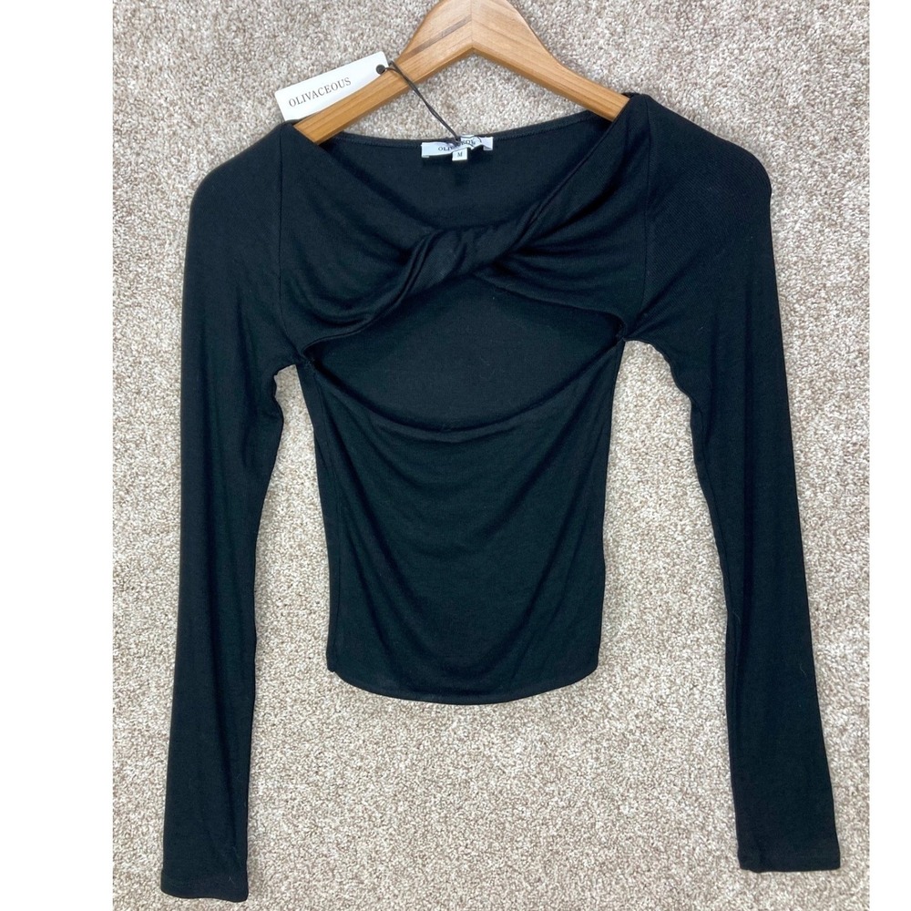Olivaceous Cutout Twist Front Ribbed Top Womens M Black Long Sleeve Grunge NEW